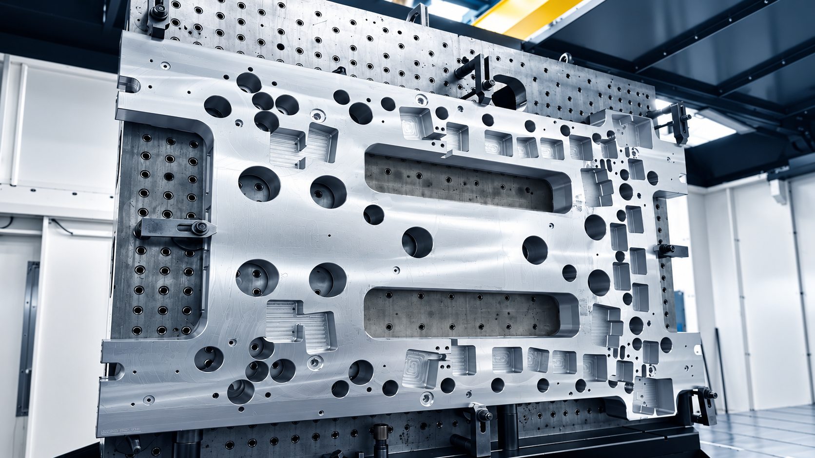 Hochgenaue geschliffene Plattenbearbeitung mit Kühlkanälen und Führungen auf einen Bohrwerk von MÜLLER WALLAU und Müller Modell- und Formenbau. Lohnbearbeitung von Stahl, Aluminium und Sonderlegierungen.