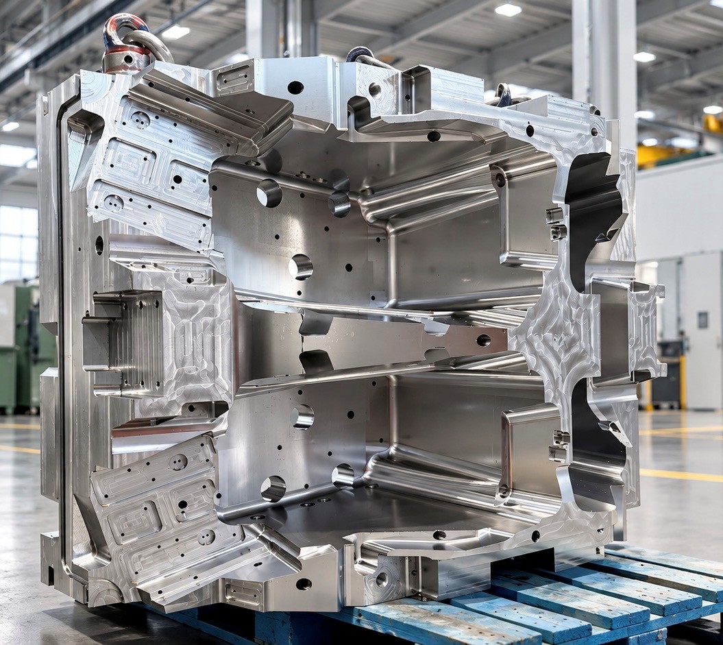 Hochkomplexes Bauteil aus Stahl. Schwerzerspanung, 5-Achsfräsen und Bohren von MÜLLER WALLA und MÜLLER Modell- und Formenbau. Lohnbearbeitung von Fräsen, Bohren, Schleifen und Erodieren.